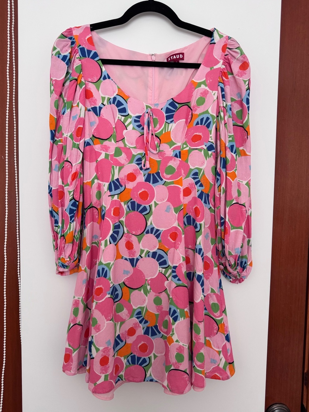 STAUD Pink Multi Floral Tie-Front Mini Dress with Puff Sleeves